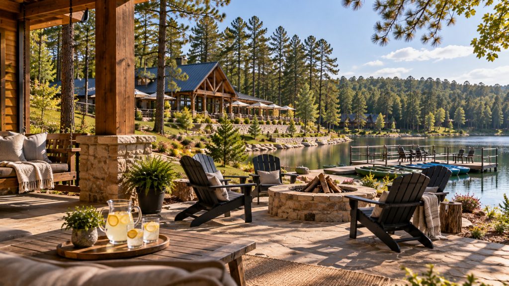Pine Lake Resort cabin with lakeside fire pit, outdoor seating, and dock surrounded by pine forest.