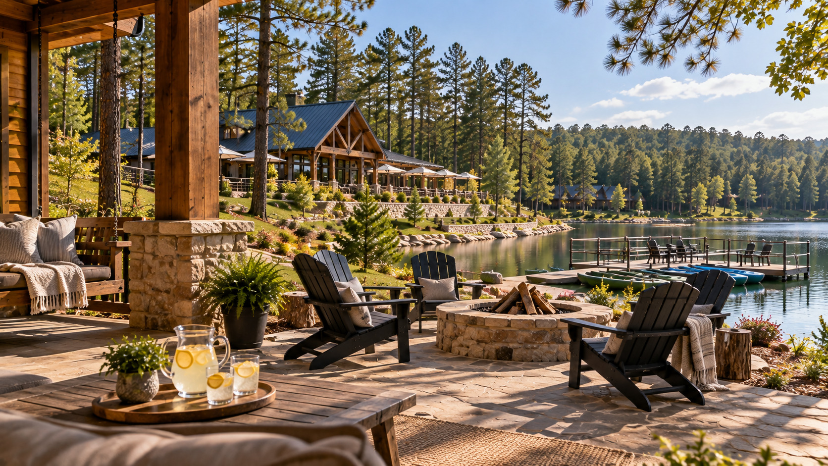 Pine Lake Resort cabin with lakeside fire pit, outdoor seating, and dock surrounded by pine forest.