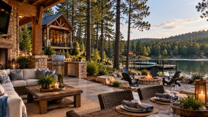 Luxury Broken Bow cabin with lakeside patio, outdoor kitchen, fire pit, and dock surrounded by pine forest.