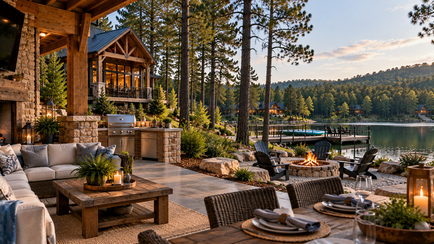 Luxury Broken Bow cabin with lakeside patio, outdoor kitchen, fire pit, and dock surrounded by pine forest.