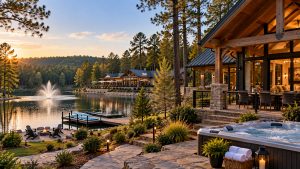 Luxury Broken Bow cabin resort with lakeside views, hot tub, fire pit, and dock at sunset.