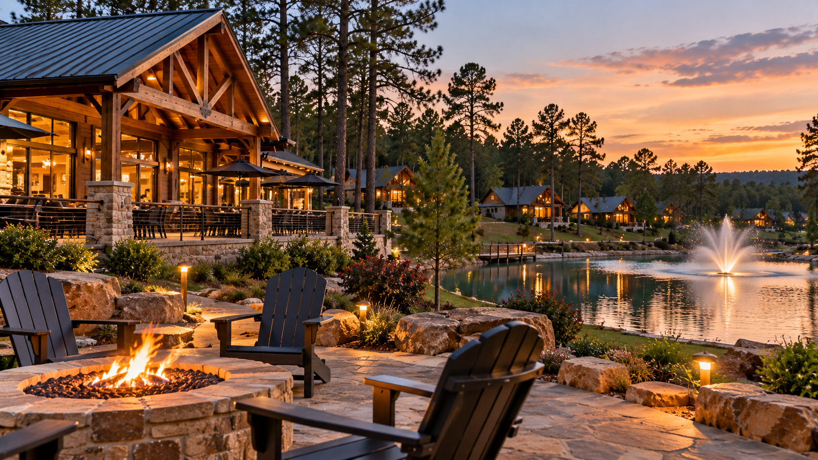 Alt text: Luxury Broken Bow cabin resort with lakeside lodge, fire pit, and outdoor seating at sunset.