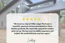 5-star guest review for II Elks Lodge cabin at Pine Lake Resort